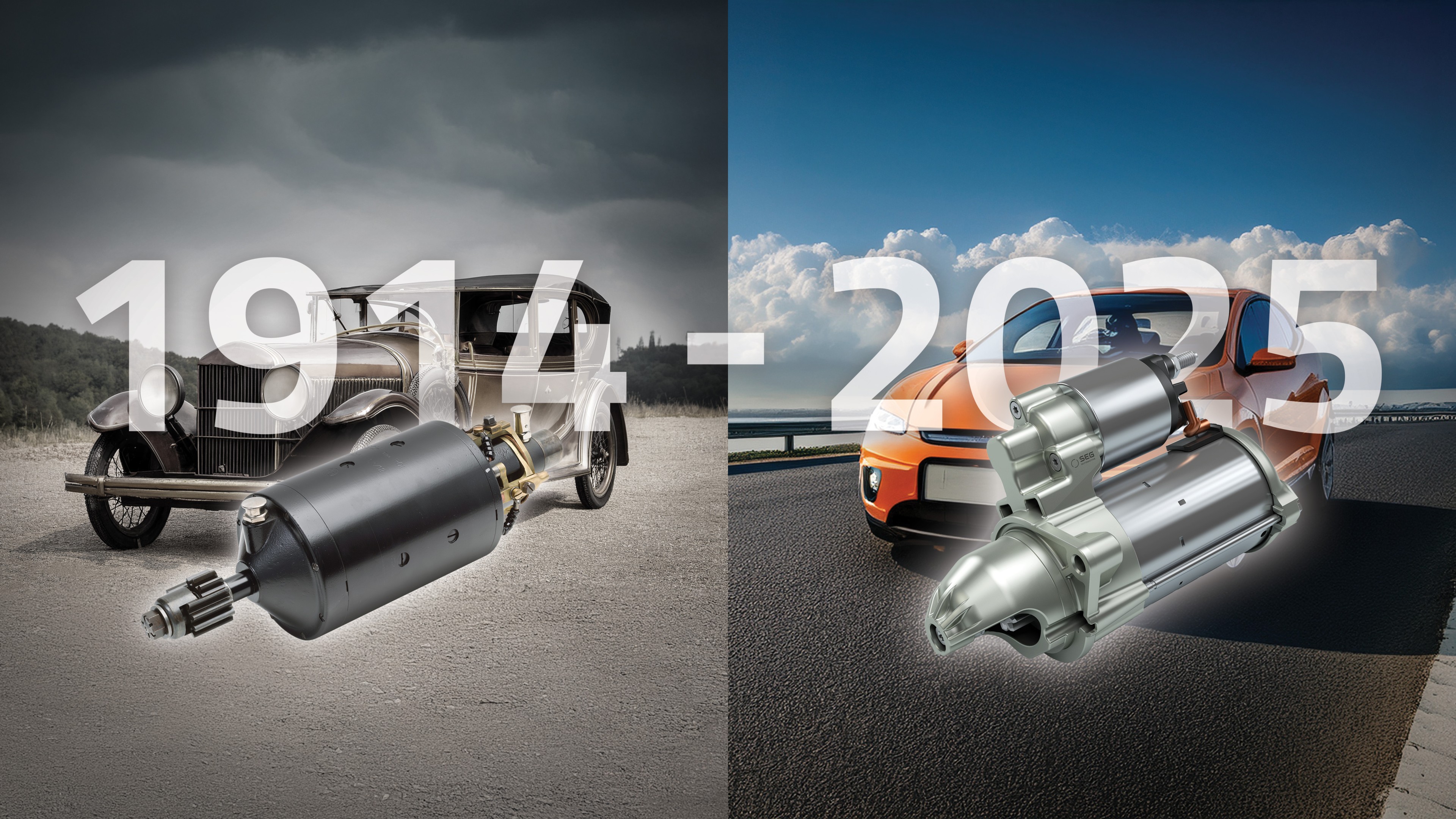 A starter from 1914 and a starter from 2025 side by side in front of contemporary vehicles