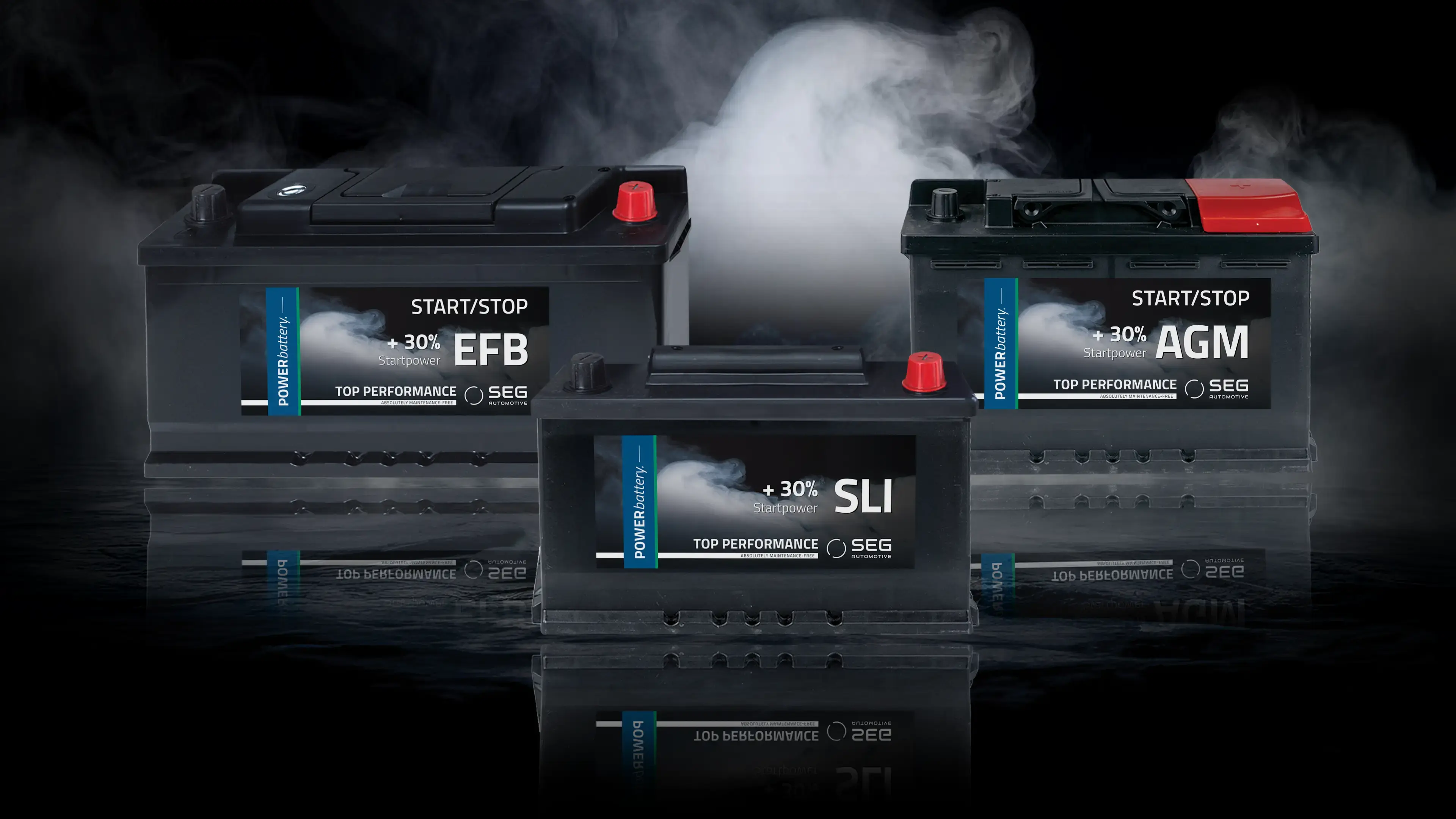 Three battery types SLI, EFB, AGM black background white smoke