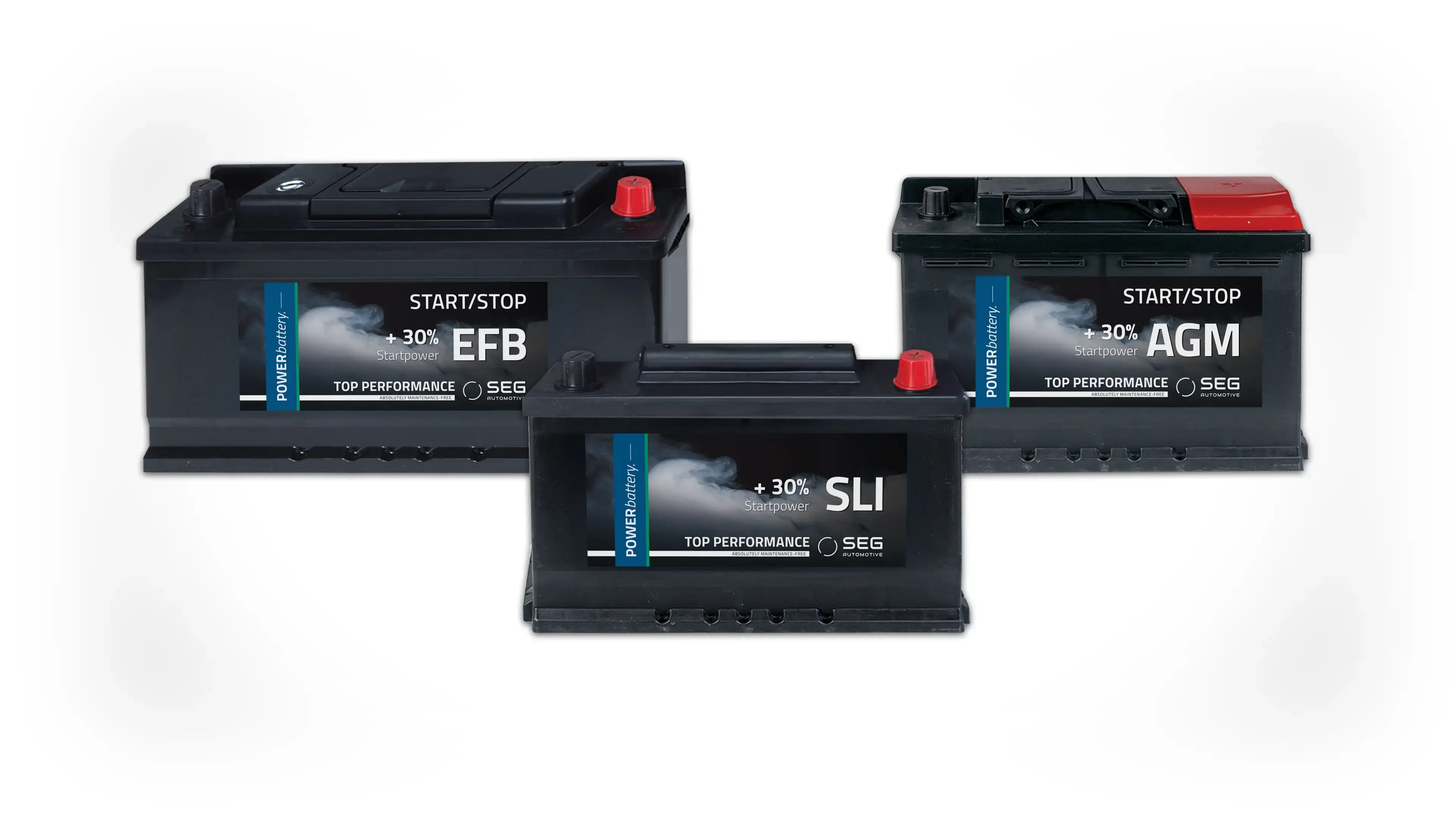 Three SEG Automotive POWERbattery types SLI, EFB, AGM