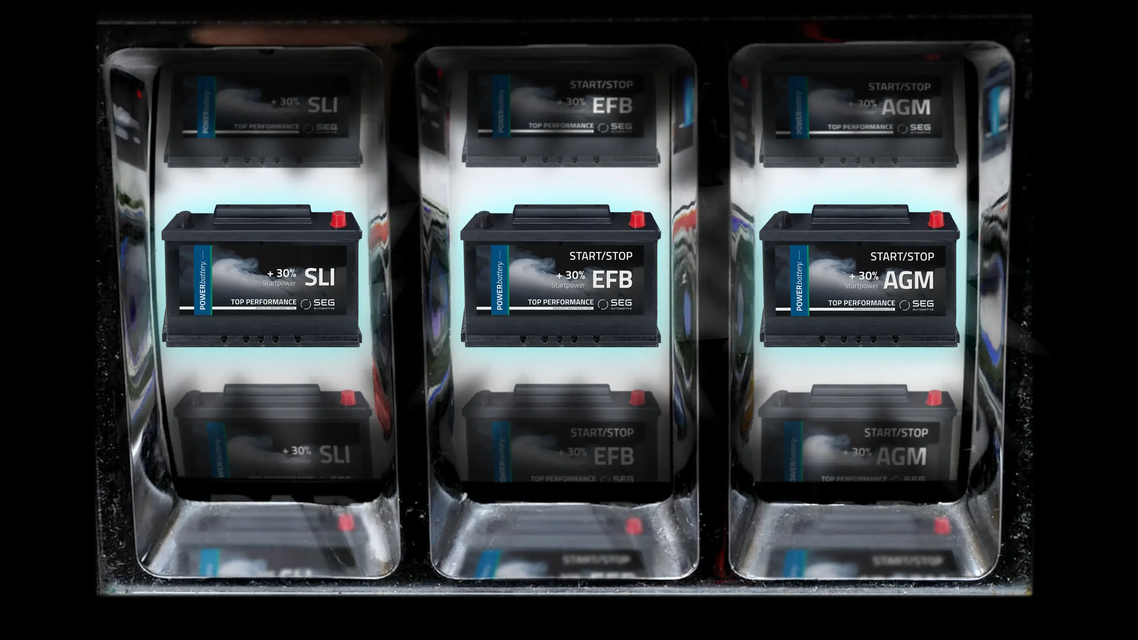 Slot machine showing SLI, EFB, AGM batteries in a row.