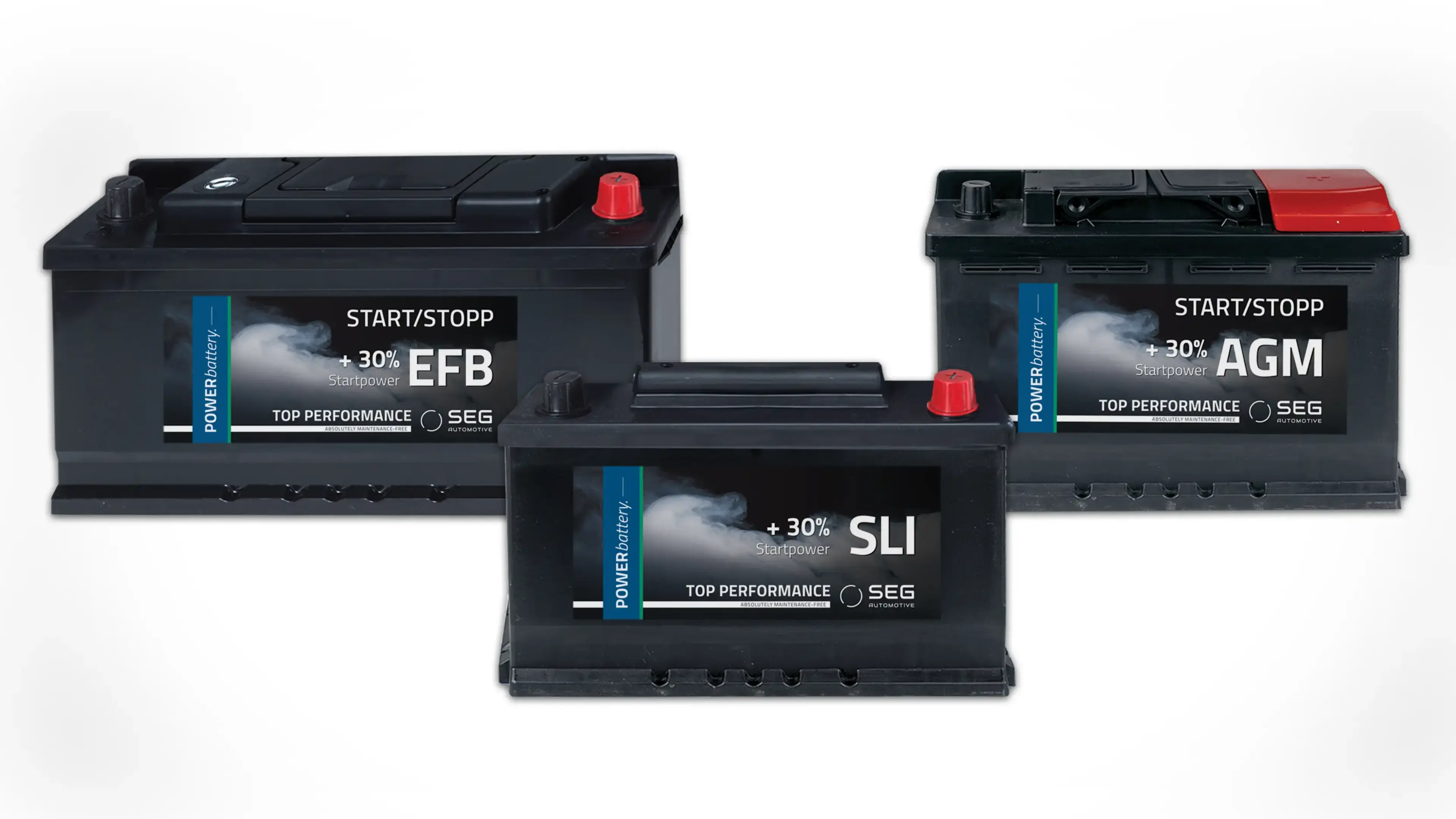 Drei Batterietypen SLI, EFB, AGM