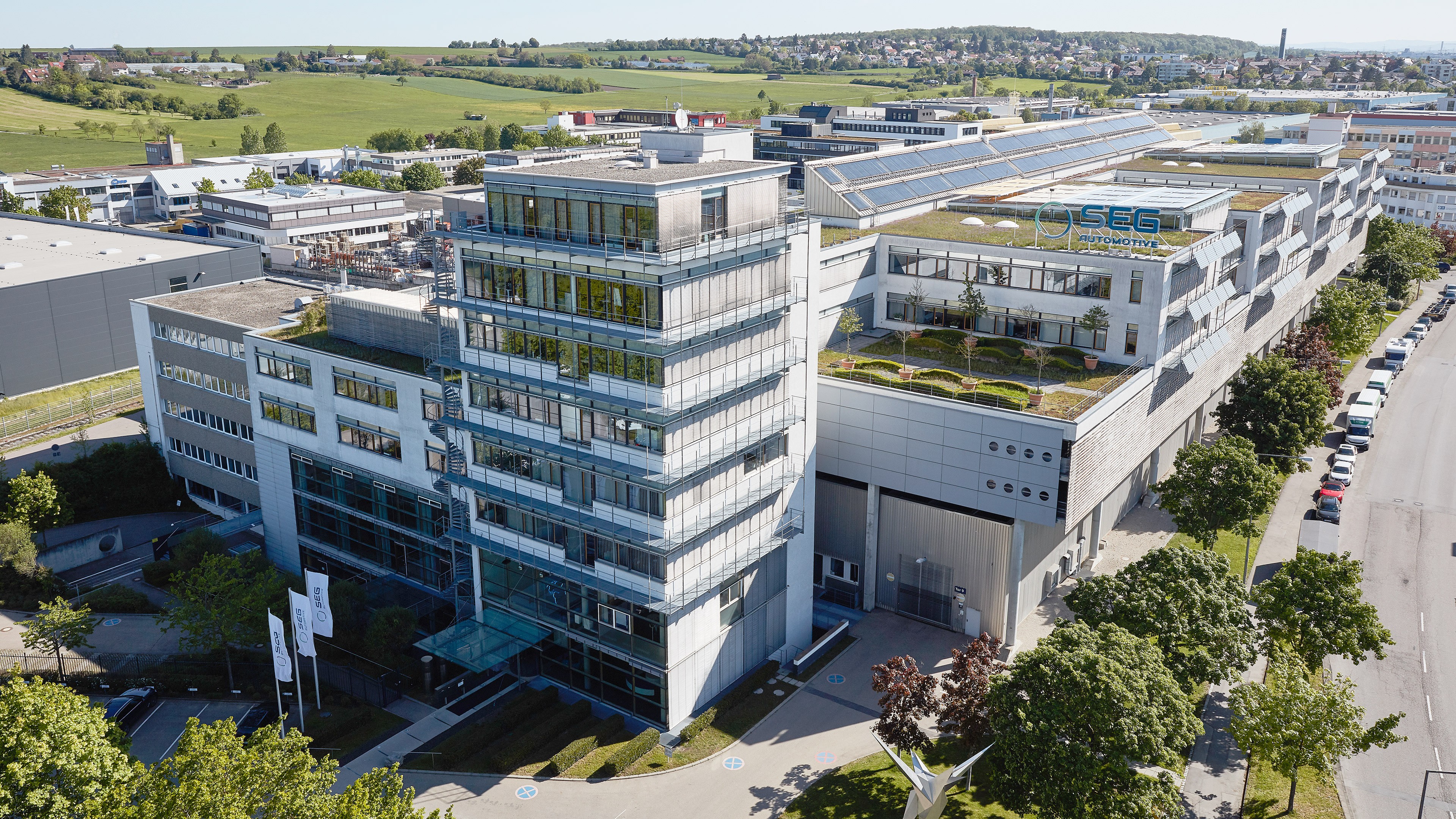 Aerial view of SEG Automotive headquarters at the Stuttgart site, Germany