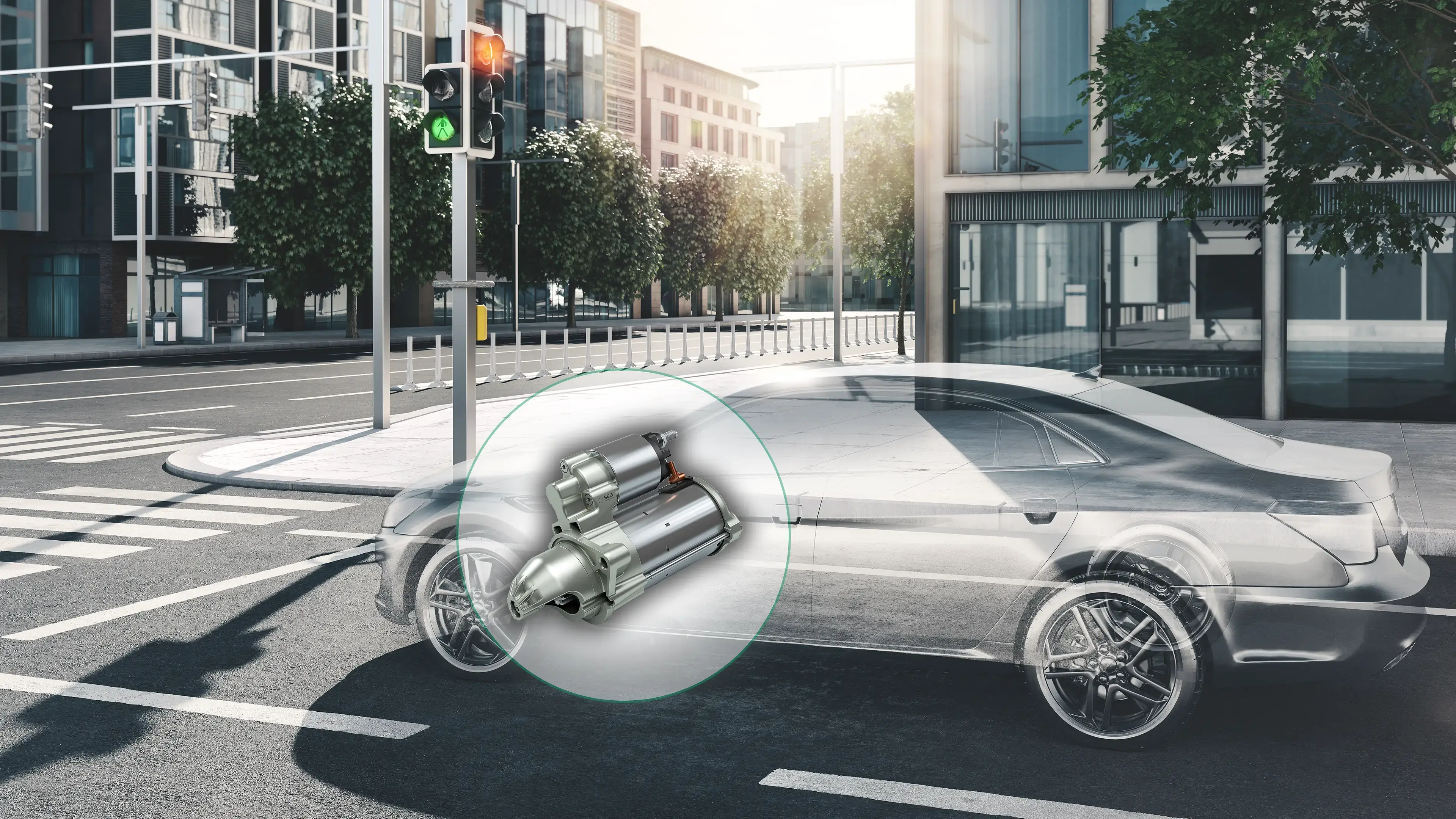 Computer graphic of a transparent vehicle with starter in the depicted in an urban environment