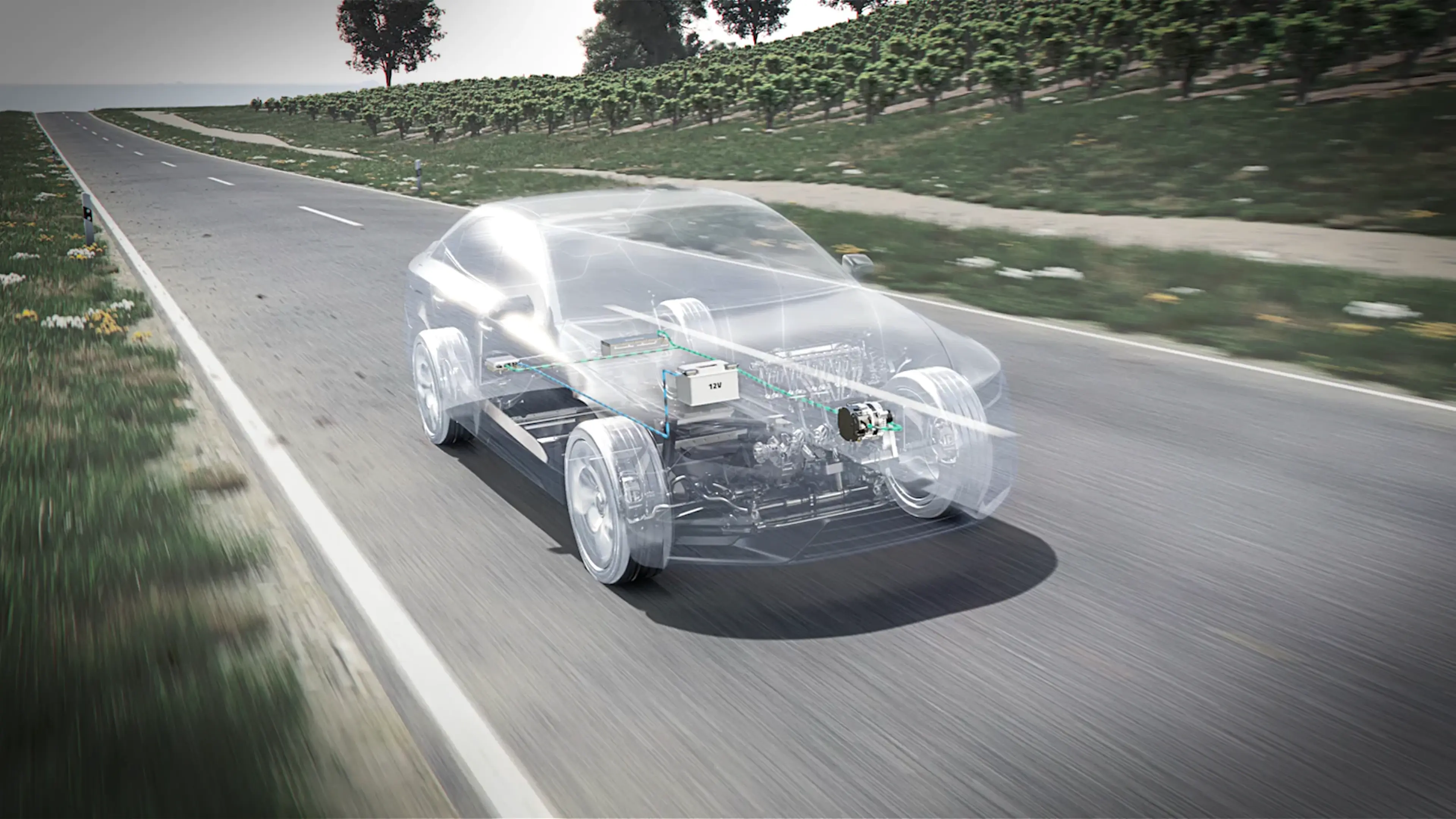 Rendering: Glasfahrzeug mit 48V/Mild Hybrid-Antriebs-Technologie auf Straße